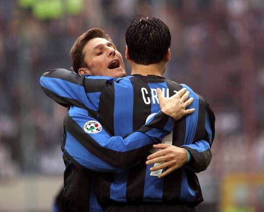 Javier Zanetti (li.) und Julio Ricardo Cruz (beide Inter) - Torjubel -  Fußball Herren Serie A 2005 2006, 1. Italienische Liga, FC Internazionale Mailand, Vdig Gruppe Mailand Freude,