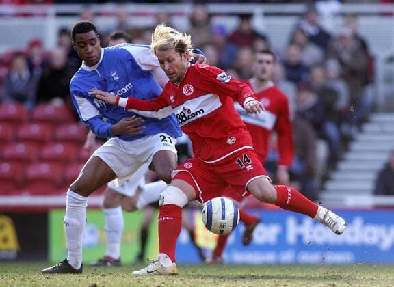 Gaizka Mendieta (Middlesbrough, re.) gegen Julian Gray (Birmingham) -  Fußball Herren English Premier League 2005 2006, 1. Englische Liga, Middlesbrough FC - Birmingham City 1:0 Gruppe Middlesbrough Dynamik,