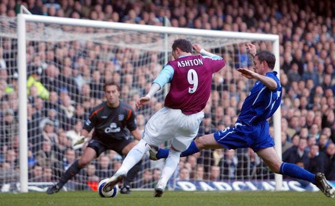 Dean Ashton (West Ham, li.) zieht gegen David Weir (Everton) ab -  Fußball Herren English Premier League 2005 2006, 1. Englische Liga, West Ham United - FC Everton 2:2 Gruppe London Dynamik,