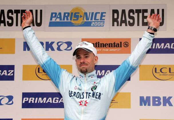 Stefan Schumacher (Deutschland Gerolsteiner) freut sich über den 3. Platz auf der 4.Etappe von Paris Nizza 2006 Radsport Herren Paris Nizza 2006, Straßenradsport, Straße, Rad, ProTour Einzelbild 4. Etappe: Saint Etienne - Rasteau
