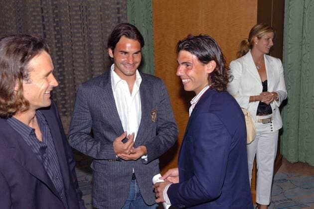 Stars for Stars Players Party in Key Biscayne 2006, v.li.: Carlos Moya (Spanien), Roger Federer (Schweiz) mit Lebensgefährtin Miroslava Vavrinec und Rafael Nadal (Spanien) - (Icon30927912) Tennis Herren NASDAQ 100 Open, ATP Tour, Benefizgala, Benefiz, Tennisgala, Sportlergala, Gala, Playersparty Gruppe Key Biscayne EDITORIAL USE ONLY