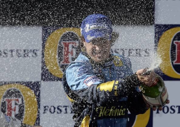 Sieger Fernando Alonso (Spanien Renault) bei der Sektdusche Motorsport Grand Prix Herren Großer Preis von Australien 2006, Formel 1 Weltmeisterschaft, F1, F, GP, WM Einzelbild Albert Park Melbourne Freude, Begeisterung,