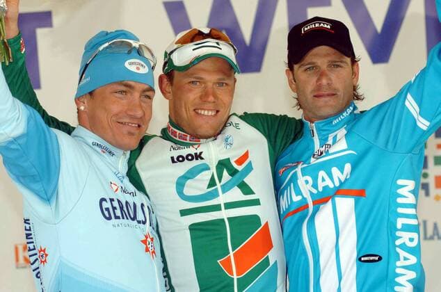Siegerehrung Gent Wevelgem 2006, v.li.: David Kopp (Deutschland Gerolsteiner), Sieger Thor Hushovd (Norwegen Credit Agricole) und Alessandro Petacchi (Italien Team Milram) -  Radsport Herren Gent - Wevelgem 2006, ProTour, Straßenradsport, Straße, Rad Gruppe Gent