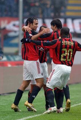 Alessandro Nesta (li.), Clarence Seedorf (re.) und Kaka (alle Milan) - Torjubel Fußball Herren Serie A 2005 2006, 1. Italienische Liga, AC Mailand Gruppe Mailand Freude,