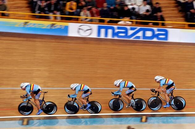Mannschaft aus Belgien mit Dominique Cornu, Ingmar de Poortere, Tim Mertens und Steve Schets während der 4000m Mannschaftsverfolgung -  (pan13698) Radsport WM Herren Weltmeisterschaft 2006, Rad, Bahn, Bahnrad, Bahnradsport, Radrennsport, Nationaltrikot Gruppe Bordeaux  