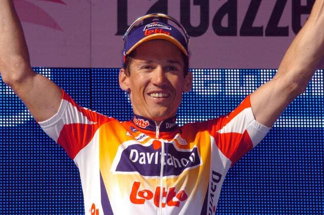 Robbie McEwen (Australien Davitamon Lotto) jubelt über seinen Etappensieg bei der 6. Etappe der Giro dItalia 2006 -  Radsport Herren 89. Giro dItalia 2006, d Italia, ProTour, Straßenradsport, Straße, Rad Einzelbild 6. Etappe: Busseto - Forli Freude,