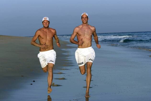 Christoph Dieckmann (re.) und Julius Brink (beide Deutschland) - Strandlauf Beachvolleyball Herren Beach 2006, Shooting, Fotoshooting, Fototermin, Trainingslager, Training, Vdig Gruppe Fuerteventura
