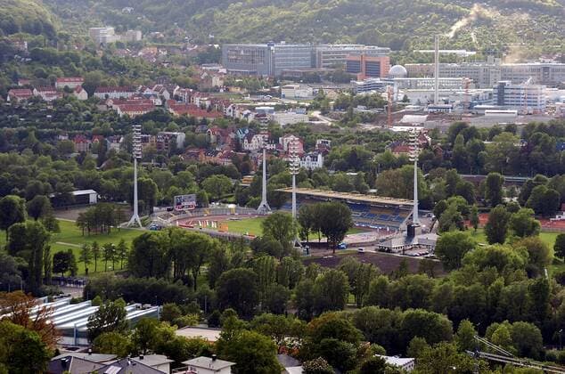Luftaufnahme des Ernst Abbe Sportfeldes, Heimspielstätte des FC Carl Zeiss Jena Fußball Herren Regionalliga Nord 2005 2006, 3. Liga, FC Carl Zeiss Jena Totale Ernst Abbe Sportfeld Jena
