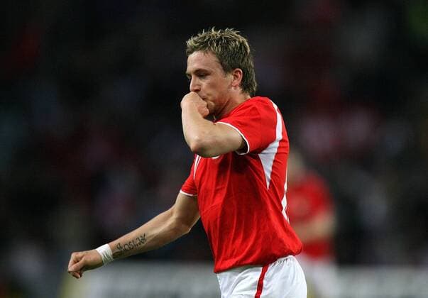 Daniel Gygax (Schweiz) - Torjubel -  Fußball Länderspiel Herren Nationalmannschaft 2006, Nationalteam, Nationaltrikot, Test, Testspiel, Schweiz Einzelbild Genf