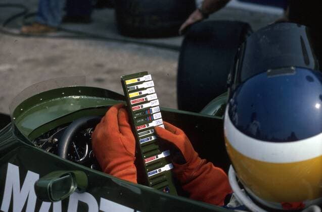 Carlos Reutemann (Argentinien Lotus Ford) studiert die Trainingszeiten der Gegner Motorsport Grand Prix Herren Großer Preis von Italien 1979, Formel 1 Weltmeisterschaft, F1, F, GP, WM Einzelbild Monza