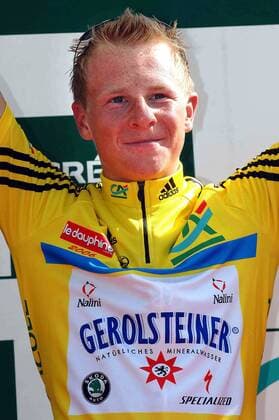 Fabian Wegmann (Deutschland Gerolsteiner) - Etappensieger der 1. Etappe der Dauphine Libere 2006 - im gelben Trikot -  Radsport Herren Dauphine Libere 2006, ProTour, Straßenradsport, Straße, Rad, Einzelbild 1. Etappe: Annecy - Bourgoin Jallieu Freude,