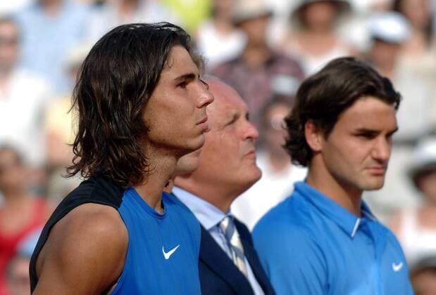 Rafael Nadal (Spanien, li.) Sieger der French Open 2006 und Roger Federer (Schweiz, re.) -  Tennis Herren French Open 2006, Grand, Slam, ATP Tour Gruppe Finale, Endspiel Paris Roland Garros