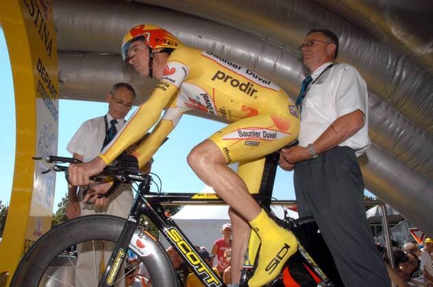 David Millar (Großbritannien Saunier Duval Prodir) konzentriert am Start - Radsport Herren Tour de France 2006, ProTour, Straßenradsport, Straße, Rad, Zeitfahren, Einzelzeitfahren Gruppe Prolog: Straßburg Konzentration, Radsport Herren Tour de France 2006, ProTour, Straßenradsport, Straße, Rad, Zeitfahren, Einzelzeitfahren Gruppe Prolog: Straßburg Konzentration,
