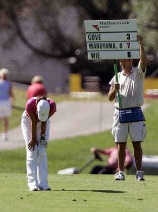 Michelle Wie (USA) zeigt erste Anzeichen von Schwindel angesichts der heißen Temperaturen beim John Deere Classic in Silvus - (sil2006071407) Golf Damen John Deere Classic 2006, Classics, LPGA Tour, Kreislaufzusammenbruch, Gruppe Helfer, Schild, Scoreboard, Zwischenstand Silvis, Schwächeanfall Erschöpfung, Golf Damen John Deere Classic 2006, Classics, LPGA Tour, Kreislaufzusammenbruch, Gruppe Helfer, Schild, Scoreboard, Zwischenstand Silvis, Schwächeanfall Erschöpfung,