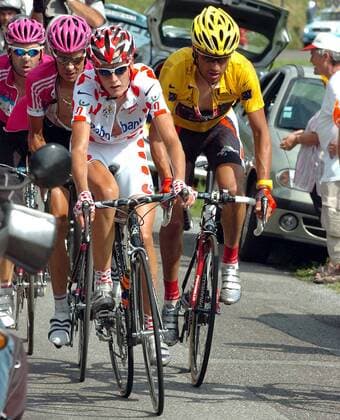 Mickael Rasmussen (Dänemark Rabobank, Mitte) vor Oscar Pereiro Sio (Spanien Caisse D Epargne Illes Balears, re.) -  Radsport Herren Tour de France 2006, ProTour, Straße, Rad, Straßenradsport Gruppe 17. Etappe: Saint Jean de Maurienne - Morzine Radsport Herren Tour de France 2006, ProTour, Straße, Rad, Straßenradsport Gruppe 17. Etappe: Saint Jean de Maurienne - Morzine