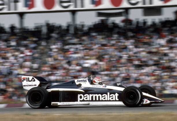 Nelson Piquet (Brasilien Brabham BMW) in seinem Boliden Motorsport Grand Prix Herren Großer Preis von Deutschland 1983, Formel 1 Weltmeisterschaft, F1, F, GP, WM Einzelbild Hockenheimring Hockenheim Dynamik, Motorsport Grand Prix Herren Großer Preis von Deutschland 1983, Formel 1 Weltmeisterschaft, F1, F, GP, WM Einzelbild Hockenheimring Hockenheim Dynamik,