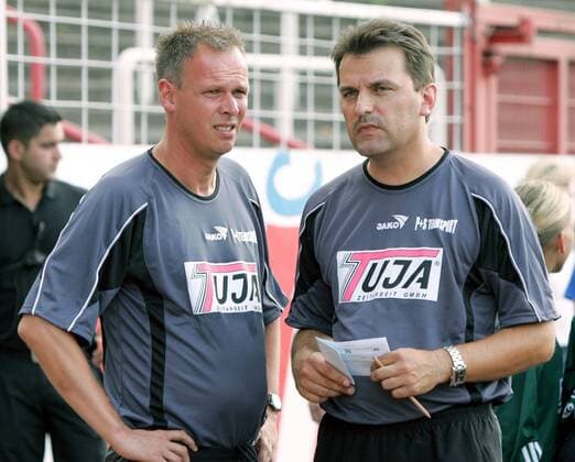 Trainer Georg Kress (li) mit Co Trainer Harald Menzel (beide Münster) Fußball Herren Oberliga Westfalen 2006 2007 Testspiel, Vorbereitungsspiel, Saisonvorbereitung, Test Gruppe Münster Fußball Herren Oberliga Westfalen 2006 2007 Testspiel, Vorbereitungsspiel, Saisonvorbereitung, Test Gruppe Münster