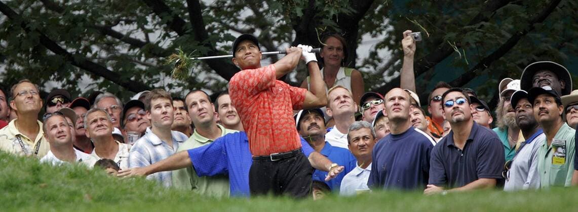 Eldrick Tiger Woods (USA) schaut mit den erwartungsvollen Zuschauern skeptisch seinem Abschlag hinterher; mit seinem Driver hat er einen ordentlichen Grasbüschel mitgenommen -  (MED2006081834) Golf Herren 88. PGA Championship 2006, Tour Totale Medinah Illinois Skepsis, Golf Herren 88. PGA Championship 2006, Tour Totale Medinah Illinois Skepsis,