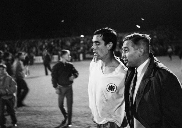 Fußball, Trainerhistorie, Rot-Weiß Oberhausen Trainer Werner Stahl (re.) und Hermann Josef Wilbertz (beide Oberhausen) - Abgang Fußball Herren WFV Pokal 1967 1968, Rot Weiß Oberhausen, RWO, RW, Vneg, Vsw Gruppe Essen Harmonie, Fußball Herren WFV Pokal 1967 1968, Rot Weiß Oberhausen, RWO, RW, Vneg, Vsw Gruppe Essen Harmonie,