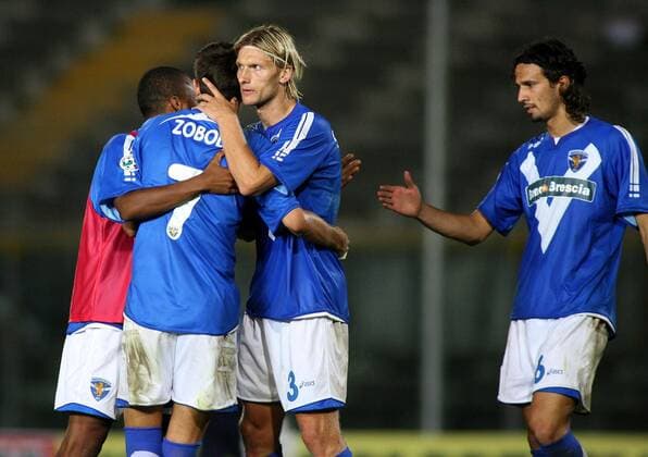 Schlußjubel Brescia, v.li.: Davide Zoboli, Marius Stankevicius und Victor Hugo Mareco - Fußball Herren Coppa Italia 2006 2007, Italienischer Pokal, Pokalspiel, TIM Cup, Brescia Calcio Gruppe Brescia Freude, Fußball Herren Coppa Italia 2006 2007, Italienischer Pokal, Pokalspiel, TIM Cup, Brescia Calcio Gruppe Brescia Freude,