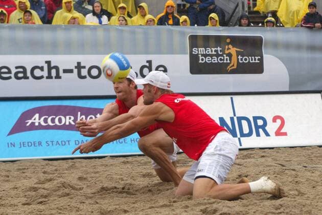Christoph Dieckmann (li.) und Julius Brink (beide Deutschland) - Feldabwehr Beachvolleyball LM Herren Deutsche Meisterschaft 2006 DM Beach Landesmeisterschaft Gruppe Timmendorfer Strand Timmendorf Dynamik, Beachvolleyball LM Herren Deutsche Meisterschaft 2006 DM Beach Landesmeisterschaft Gruppe Timmendorfer Strand Timmendorf Dynamik,
