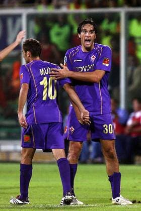 Luca Toni (re.) klatscht Adrian Mutu (beide AC Florenz) ab -  Fußball Herren Serie A 2006 2007, 1. Italienische Liga, ACF Fiorentina, Gruppe Florenz Freude, Begeisterung Fußball Herren Serie A 2006 2007, 1. Italienische Liga, ACF Fiorentina, Gruppe Florenz Freude, Begeisterung