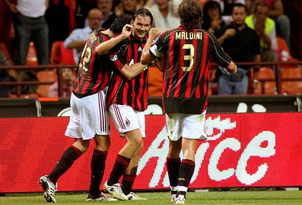 Torjubel Milan, v.li.: Kaka, Marek Jankulovski und Paolo Maldini -  Fußball Herren Serie A 2006 2007, 1. Italienische Liga, AC Mailand Gruppe Mailand Freude, Fußball Herren Serie A 2006 2007, 1. Italienische Liga, AC Mailand Gruppe Mailand Freude,