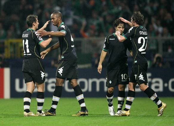 Torjubel Bremen, v.li.: Miroslav Klose, Naldo, Diego und Christian Schulz Fußball EC 1 Herren Champions League 2006 2007, SV Werder Bremen Gruppe Bremen Freude, Fußball EC 1 Herren Champions League 2006 2007, SV Werder Bremen Gruppe Bremen Freude,