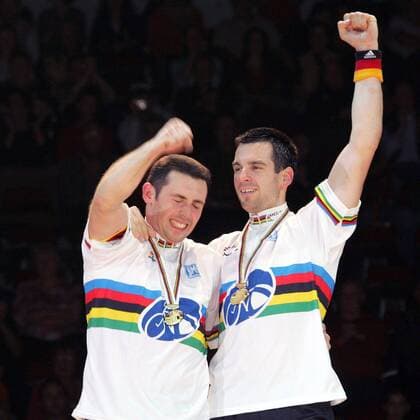 Christian Hess (li.) und Thomas Abel (beide Deutschland) - Radballweltmeister 2006 Radsport WM Herren WM 2006, Länderspiel, Hallenradsport, Halle, Indoor, Radball, Nationalteam, Rad Gruppe Chemnitz Glück, Freude, Begeisterung, Radsport WM Herren WM 2006, Länderspiel, Hallenradsport, Halle, Indoor, Radball, Nationalteam, Rad Gruppe Chemnitz Glück, Freude, Begeisterung,