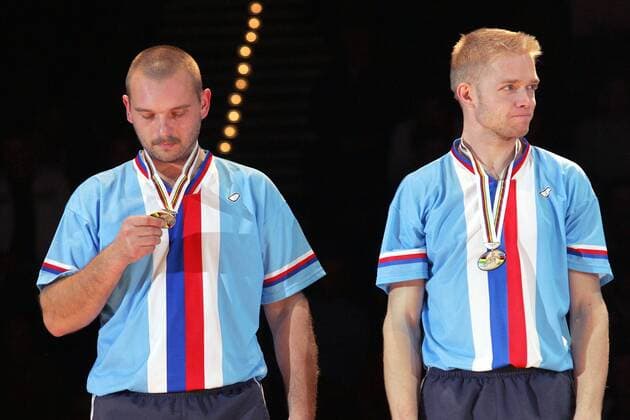 Jiri Böhm Jiri Hrdlicka (beide Tschechien) belegen Platz 2 zur Radball WM 2006 Radsport WM Herren WM 2006, Länderspiel, Hallenradsport, Halle, Indoor, Radball, Nationalteam, Nationaltrikot, Rad Gruppe Chemnitz Radsport WM Herren WM 2006, Länderspiel, Hallenradsport, Halle, Indoor, Radball, Nationalteam, Nationaltrikot, Rad Gruppe Chemnitz
