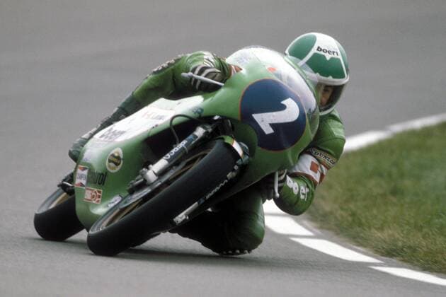 Anton Mang (Deutschland Kawasaki) auf seiner Maschine Motorsport WM Herren Weltmeisterschaft 1978, Motorrad, Motorradrennen, Motorradrennsport, Motorradsport Einzelbild Aufnahmedatum geschätzt Motorsport WM Herren Weltmeisterschaft 1978, Motorrad, Motorradrennen, Motorradrennsport, Motorradsport Einzelbild Aufnahmedatum geschätzt