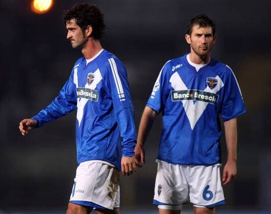 Simone del Nero (li.) und Roberto Cortellini (beide Brescia) -  Fußball Herren Coppa Italia 2006 2007, Italienischer Pokal, TIM Cup, Pokalspiel, Brescia Calcio Gruppe Brescia Fußball Herren Coppa Italia 2006 2007, Italienischer Pokal, TIM Cup, Pokalspiel, Brescia Calcio Gruppe Brescia