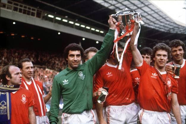 Ligapokalsieger Nottingham Forest, v.li.: Archie Gemmill, John McGovern, Torwart Peter Shilton, Larry Lloyd, Tony Woodcock, David Needham - Fußball Herren English League Cup 1978 1979, Pokal, Ligapokal, Finale, Endspiel, Nottingham Forest Gruppe Wembley, Wembleystadion London Harmonie, Freude, Fußball Herren English League Cup 1978 1979, Pokal, Ligapokal, Finale, Endspiel, Nottingham Forest Gruppe Wembley, Wembleystadion London Harmonie, Freude,