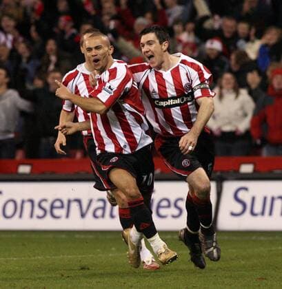 Torjubel Sheffield United - Torschütze Danny Webber (li.) und Chris Morgan jubeln -  Fußball Herren English Premier League 2006 2007, 1. Englische Liga, Sheffield United Gruppe Sheffield Dynamik, Begeisterung, Freude, Fußball Herren English Premier League 2006 2007, 1. Englische Liga, Sheffield United Gruppe Sheffield Dynamik, Begeisterung, Freude,