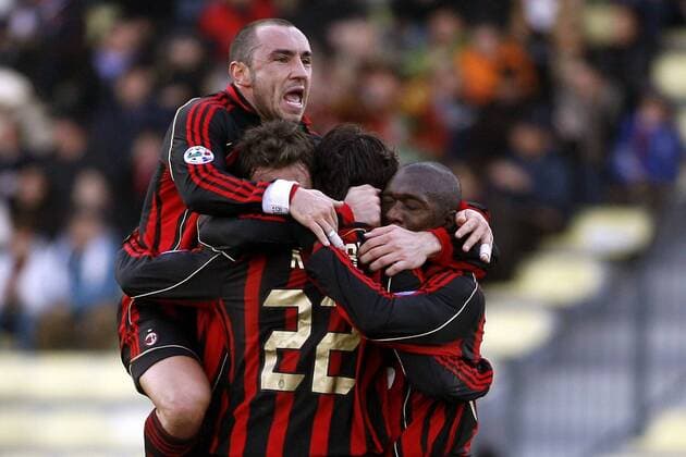 Torjubel Milan, u.a. Cristian Brocchi (obenauf) -  Fußball Herren Serie A 2006 2007, 1. Italienische Liga, AC Mailand Gruppe Udine Freude, Fußball Herren Serie A 2006 2007, 1. Italienische Liga, AC Mailand Gruppe Udine Freude,