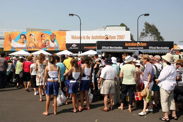 Warteschlangen am Eingang zu den Australian Open 2007 Tennis Damen Australian Open 2007, WTA Tour, Grand Slam Totale o0 Andrang, Fanandrang Zuschauerandrang Melbourne o0 Warteschlange Tennis Damen Australian Open 2007, WTA Tour, Grand Slam Totale o0 Andrang, Fanandrang Zuschauerandrang Melbourne o0 Warteschlange