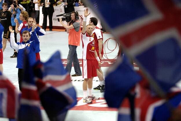 Gudjon Valur Sigurdsson (Island, re.) - Schlussjubel Handball WM Herren WM 2007, Länderspiel, Nationalteam, Gruppe B, Nationaltrikot Gruppe Magdeburg Handball WM Herren WM 2007, Länderspiel, Nationalteam, Gruppe B, Nationaltrikot Gruppe Magdeburg