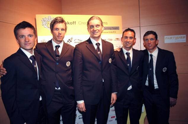 Teampräsentation Tinkoff Credit Systems, v.li.: Evgeni Petrov (Rußland), Danilo Hondo (Deutschland), Teamchef und Teameigner Oleg Tinkov (Rußland), Elio Aggiano (Italien) und Tyler Hamilton (USA) -  Radsport Herren Straßenradsport 2007, Straße, Rad, Vorstellung, Präsentation, Pressetermin, Vdig Gruppe Rom Radsport Herren Straßenradsport 2007, Straße, Rad, Vorstellung, Präsentation, Pressetermin, Vdig Gruppe Rom