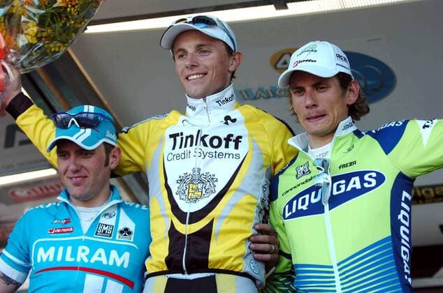 Siegerehrung Trofeo Laigueglia 2007, v.li.: Mirko Lorenzetto (Italien Milram), Sieger Mikhail Ignatiev (Rußland Tinkoff Credit Systems) und Filippo Pozzato (Italien Liquigas) -  Radsport Herren Trofeo Laigueglia 2007, Straßenradsport, Straße, Rad Gruppe Freude, Radsport Herren Trofeo Laigueglia 2007, Straßenradsport, Straße, Rad Gruppe Freude,