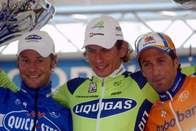 Filippo Pozzato (Italien Liquigas, Mitte) - Sieger des Het Volk 2007 vor Tom Boonen (Belgien Quick Step Innergetic, li.) und Juan Antonio Flecha (Spanien Rabobank) -  Radsport Herren Omloop Het Volk 2007, Straßenradsport, Rad, Straße Gruppe Lokeren Freude, Radsport Herren Omloop Het Volk 2007, Straßenradsport, Rad, Straße Gruppe Lokeren Freude,