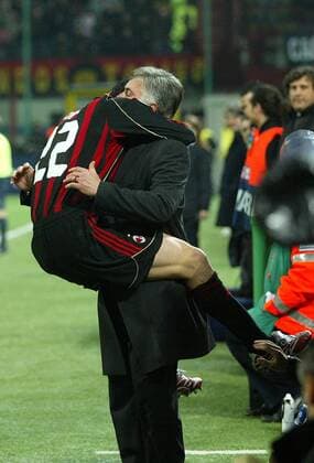 Kaka (li.) jubelt mit Trainer Carlo Ancelotti (AC Mailand) - Fußball EC 1 Herren Champions League 2006 2007, AC Mailand, Milan Gruppe Mailand Harmonie, Glück, Begeisterung, Freude, Fußball EC 1 Herren Champions League 2006 2007, AC Mailand, Milan Gruppe Mailand Harmonie, Glück, Begeisterung, Freude,