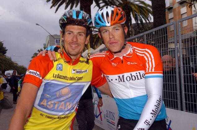 Gesamtsieger Andreas Klöden (Deutschland Astana, li.) und der Zweitplatzierte Kim Kirchen (Luxemburg T Mobile) am Ende der 42. Tirreno Adriatico 2007 -  Radsport Herren 42. Tirreno Adriatico 2007, ProTour, Straßenradsport, Straße, Rad Gruppe Harmonie, Freude, Kameradschaft, Radsport Herren 42. Tirreno Adriatico 2007, ProTour, Straßenradsport, Straße, Rad Gruppe Harmonie, Freude, Kameradschaft,