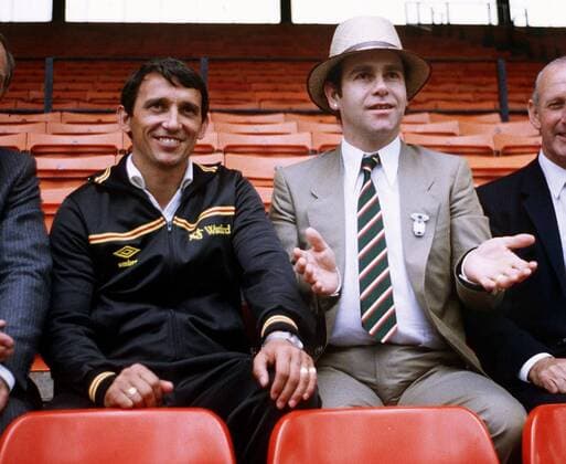 Teameigner Elton John (re.) und Trainer Graham Taylor (beide FC Watford) -  Fußball Herren English First Division 1982 1983, 1. Englische Liga o0 people Gruppe London Freude, Fußball Herren English First Division 1982 1983, 1. Englische Liga o0 people Gruppe London Freude,
