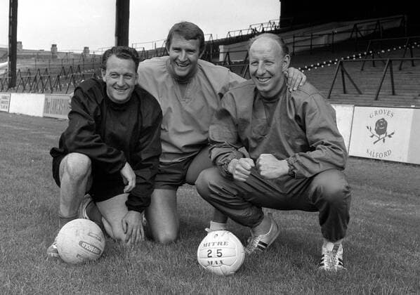Trainerstab Manchester City, v.li.: Co Trainer John Hart, Trainer Malcolm Allison, Co Trainer Dave Ewing -  Fußball Herren English Football League First Division 1967 1968, One, 1. Englische Liga, Manchester City Gruppe Manchester Harmonie, Fußball Herren English Football League First Division 1967 1968, One, 1. Englische Liga, Manchester City Gruppe Manchester Harmonie,