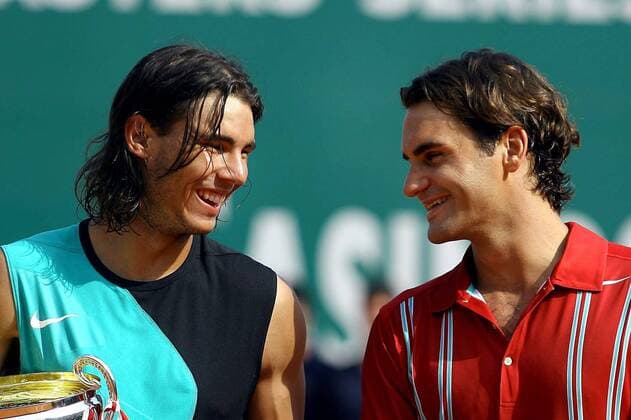 Sieger Rafael Nadal (Spanien, li.) und sein Kontrahent Roger Federer (Schweiz) können auch nach dem Finale von Monte Carlo Open 2007 miteinander lachen -  (pan19970) Tennis Herren Monte Carlo Open 2007, Masters Series, ATP Tour, Finale, Endspiel Gruppe Monte Carlo Harmonie, Freude, Tennis Herren Monte Carlo Open 2007, Masters Series, ATP Tour, Finale, Endspiel Gruppe Monte Carlo Harmonie, Freude,  