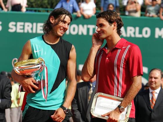 Rafael Nadal (Spanien, li.) gewinnt das Finale der Monte Carlo Open 2007 gegen seinen Kontrahenten Roger Federer (Schweiz) Tennis Herren Monte Carlo Open 2007, Masters Series, ATP Tour, Finale, Endspiel Gruppe Monte Carlo Freude, Tennis Herren Monte Carlo Open 2007, Masters Series, ATP Tour, Finale, Endspiel Gruppe Monte Carlo Freude,