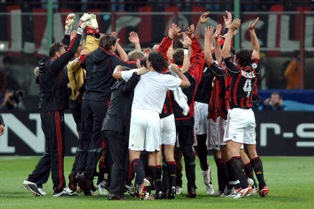 Schlussjubel AC Mailand - Fußball EC 1 Herren Champions League 2006 2007, Halbfinale, AC Mailand, Milan, Gruppe Mailand Freude, Begeisterung, Fußball EC 1 Herren Champions League 2006 2007, Halbfinale, AC Mailand, Milan, Gruppe Mailand Freude, Begeisterung,