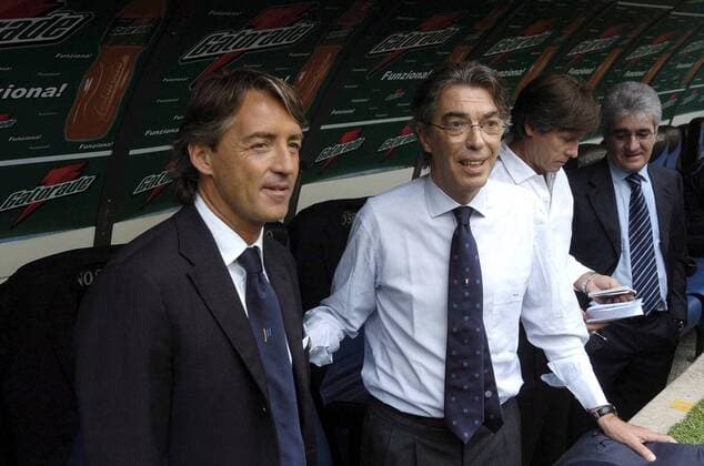Trainer Roberto Mancini (li.) und Präsident Massimo Moratti (beide Inter Mailand) auf der Trainerbank -  Fußball Herren Serie A 2006 2007, 1. Italienische Liga, FC Internazionale Mailand Gruppe Mailand Fußball Herren Serie A 2006 2007, 1. Italienische Liga, FC Internazionale Mailand Gruppe Mailand