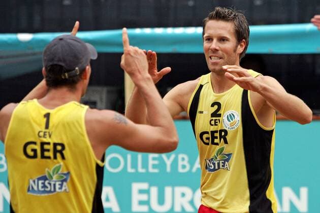 David Klemperer (re.) und Eric Koreng (beide Deutschland) jubeln Beachvolleyball Herren German Masters 2007, Nestea European Championship Tour, Beach Gruppe Hamburg Freude, Beachvolleyball Herren German Masters 2007, Nestea European Championship Tour, Beach Gruppe Hamburg Freude,