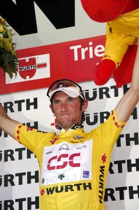 Fränk Schleck (Luxemburg CSC) Gesamtführender nach der 4. Etappe der Tour de Suisse 2007 - Radsport Herren Tour de Suisse 2007, ProTour, Straßenradsport, Straße, Rad Einzelbild 4. Etappe Nauders - Triesenberg - Malbun Freude, Radsport Herren Tour de Suisse 2007, ProTour, Straßenradsport, Straße, Rad Einzelbild 4. Etappe Nauders - Triesenberg - Malbun Freude,